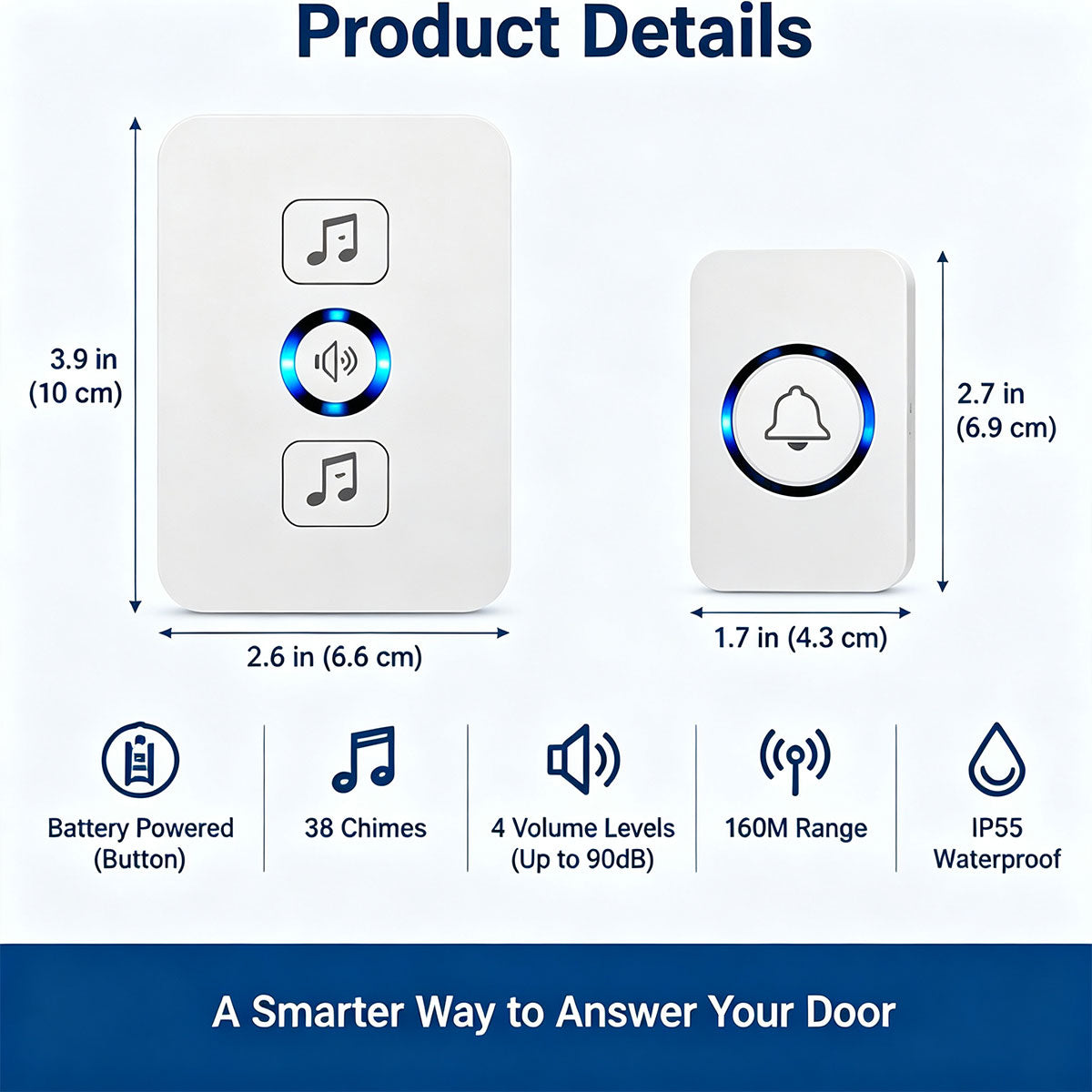 Wireless Doorbell for Home 1 Receiver 1 Button 38 Chimes 4 Volume Levels 160M Long Range