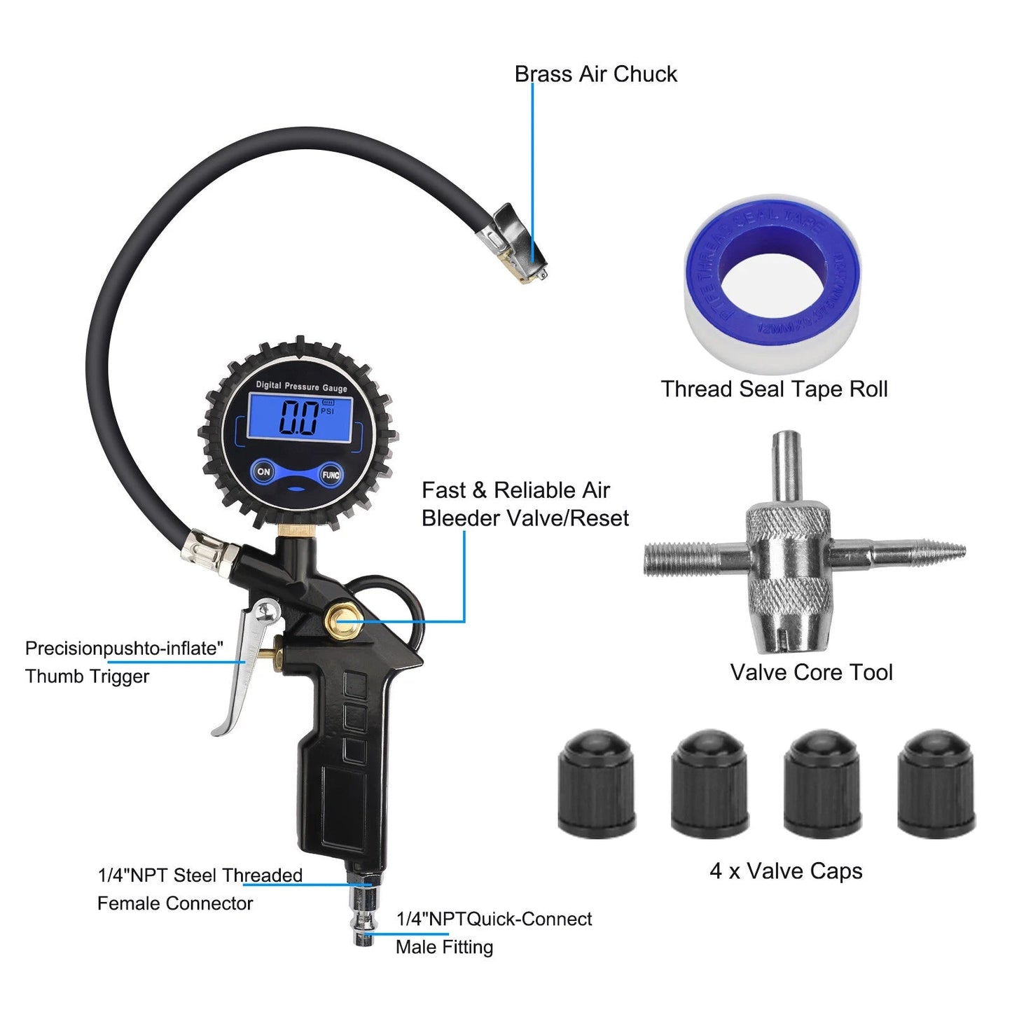 0-250 PSI Digital Tire Inflator with Easy to Read Pressure Gauge