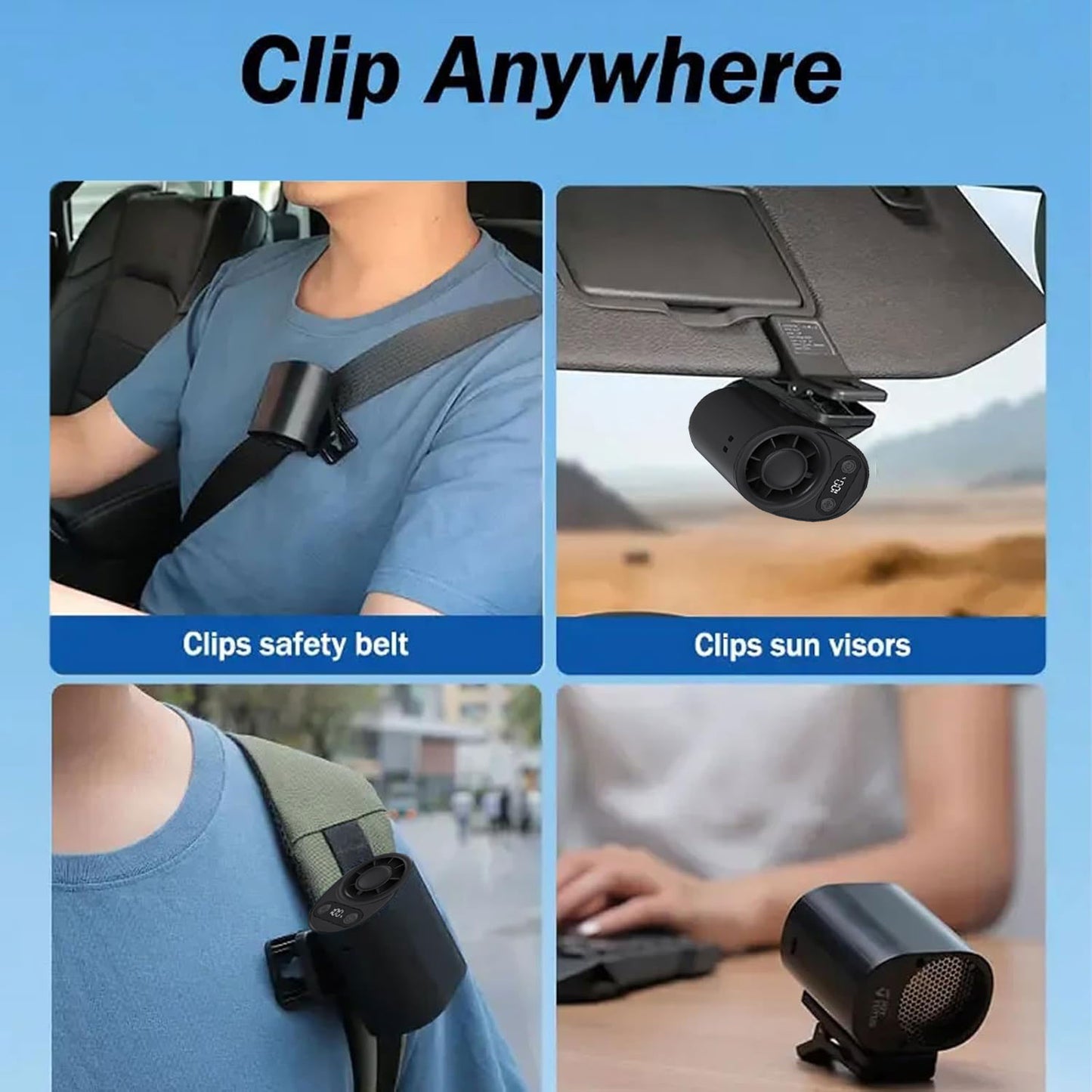 Car Clip on Fan with LED Display -360° Rotation, 100 Speeds Adjustable, USB Rechargeable