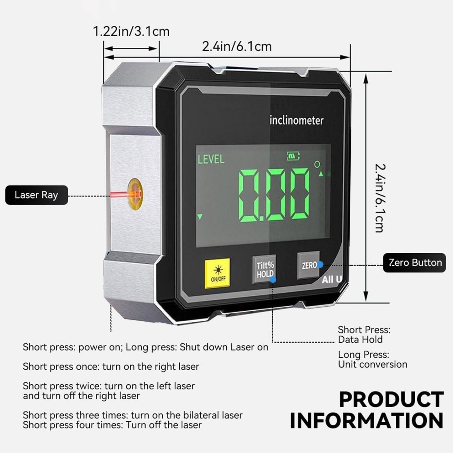 Magnetic Dual Laser Data Inclinometer for Precision Measuring, Table Saw & Woodworking