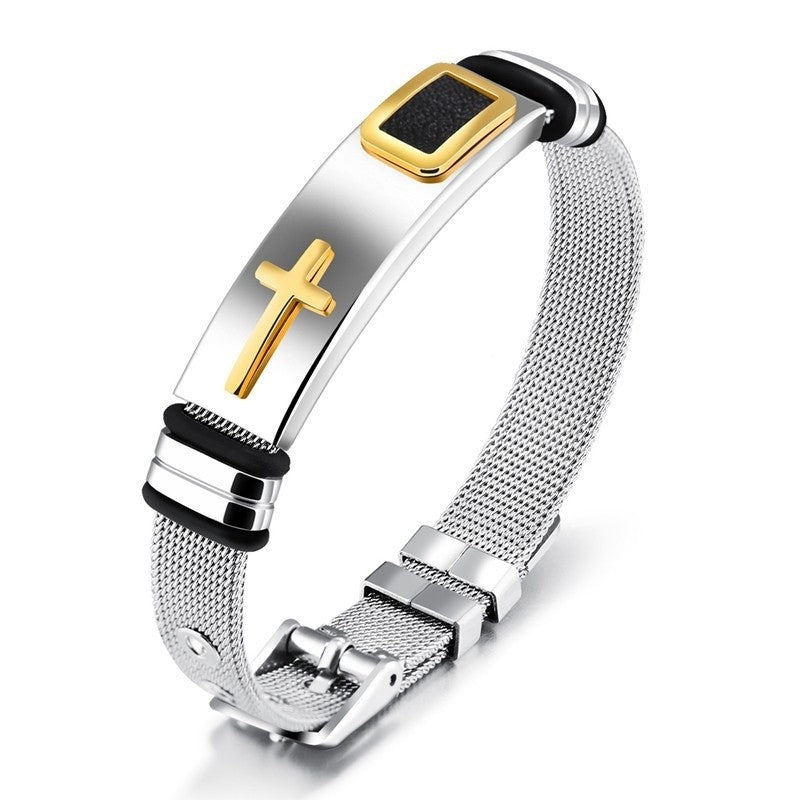 Stylish Adjustable Stainless Steel Mesh Cross-Charm Bracelet