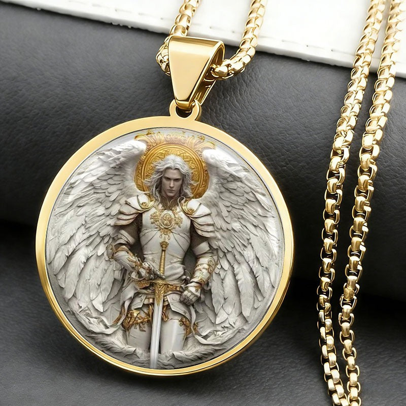Men’s Stainless‑Steel Circle Angel Warrior Pendant Necklace