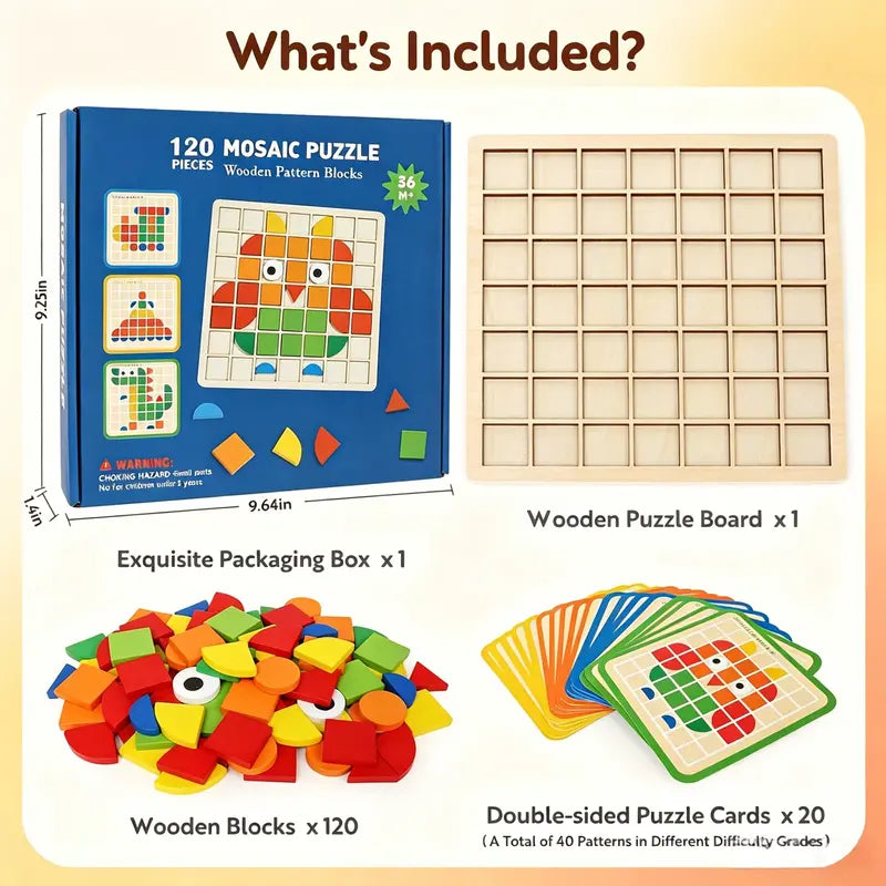120PCS Wooden Mosaic Puzzle Game - Montessori Beginner Puzzle