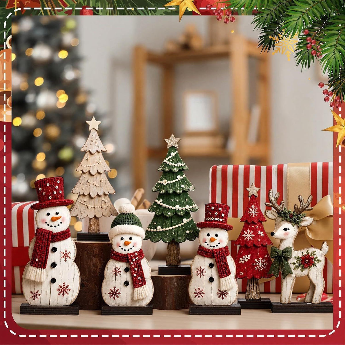 7 Pcs Christmas Table Decor Wooden Snowman Tree Deer Decor