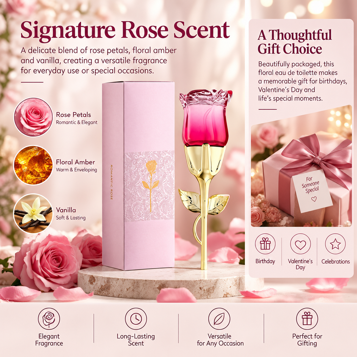 Romantic Rose Perfume for Women - Long Lasting Eau de Parfum with Warm Amber