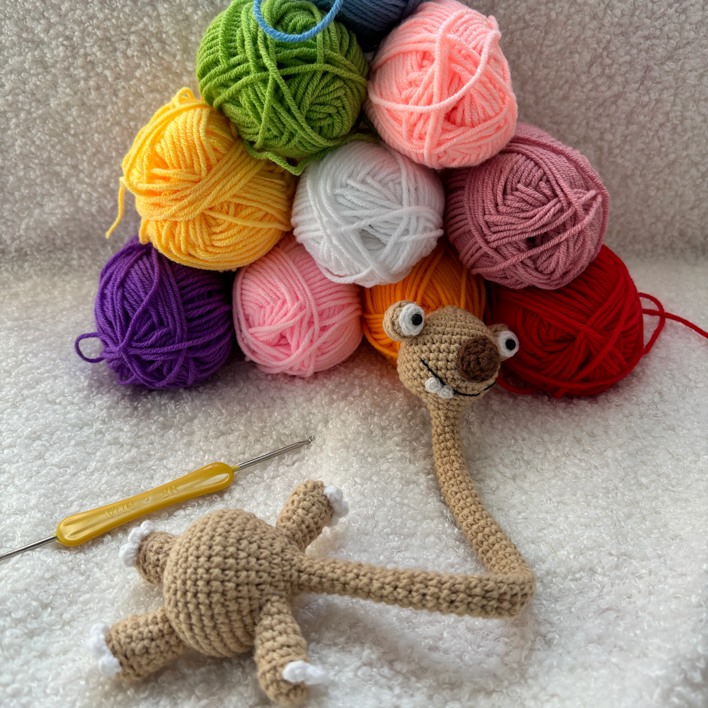 Handmade Crochet Prehistoric Sloth Bag Charm - Funny Long Neck Sloth Plush Toy