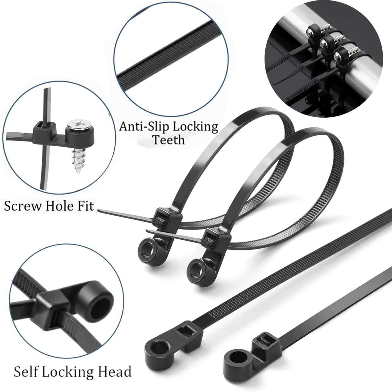 50 Pcs 5.9 Inch Nylon Zip Ties with Screw Holes with 50 Pcs White M4 x 30 Stainless Steel Screws