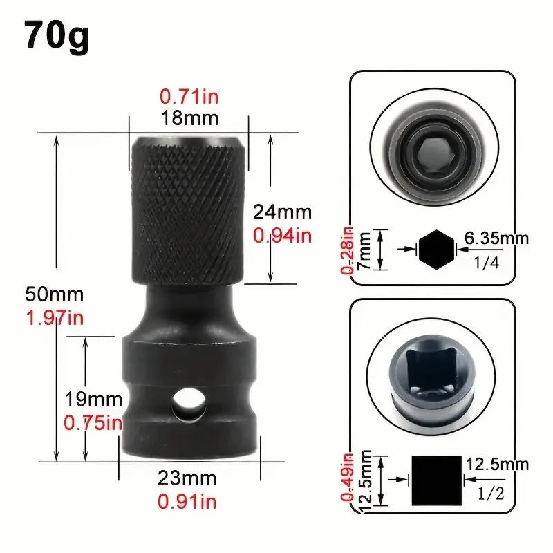 2 PCS 1/2" Square Drive to 1/4" Hex Socket Adapter/Converter/Chuck Adapter