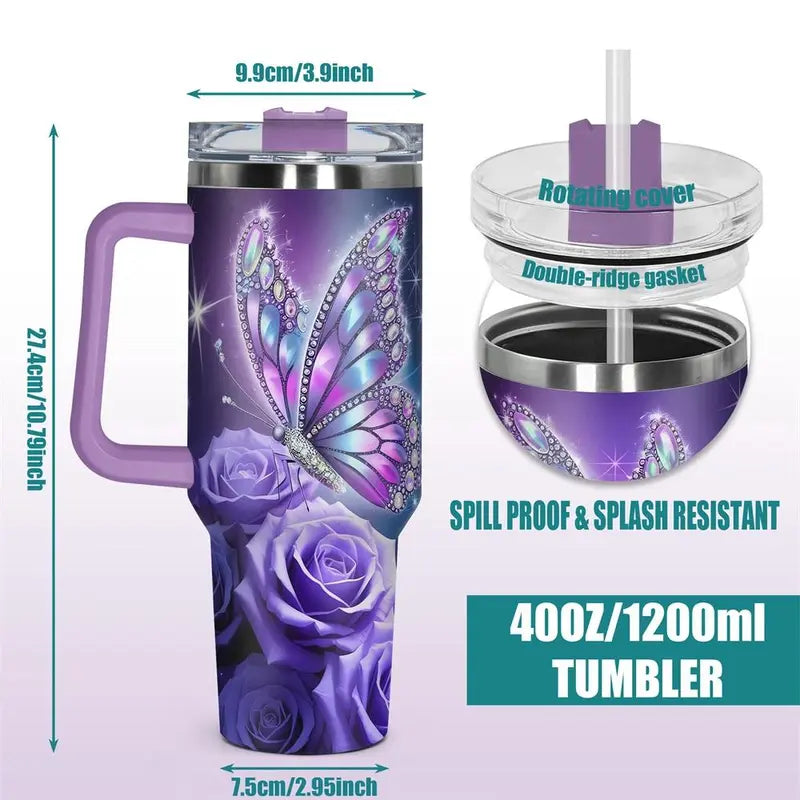 Butterfly & Rose Pattern Tumbler, 40oz Stainless Steel Insulated Travel Tumbler with Lid