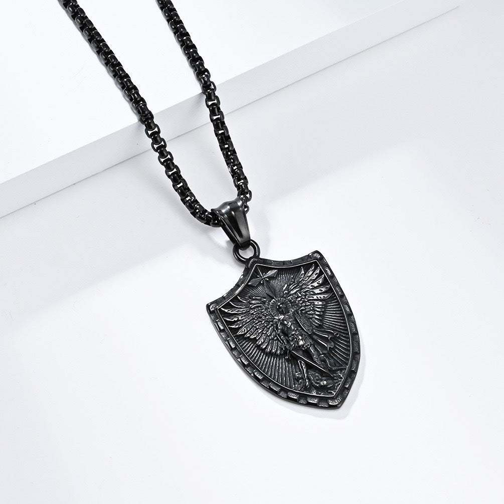 Stainless Steel St. Michael Shield Pendant Necklace for Men