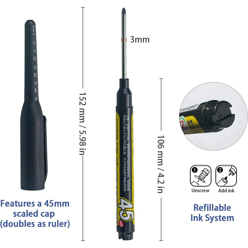 Refillable Water-Resistant Construction Marker, Heavy-Duty Carpenter Pen for Woodworking & Plumbing