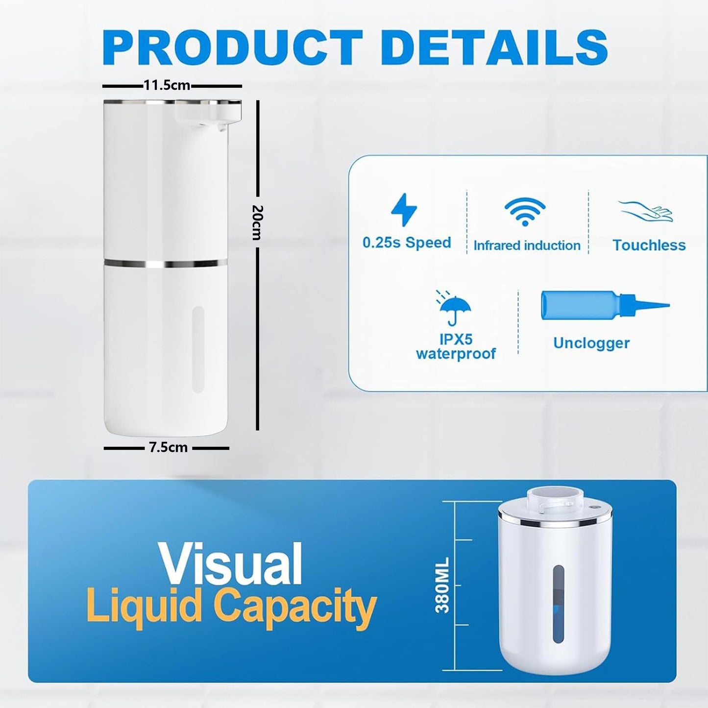 Rechargeable Automatic Foaming Soap Dispenser - 3-Level Adjustable Waterproof Soap Dispenser for Bathroom & Kitchen
