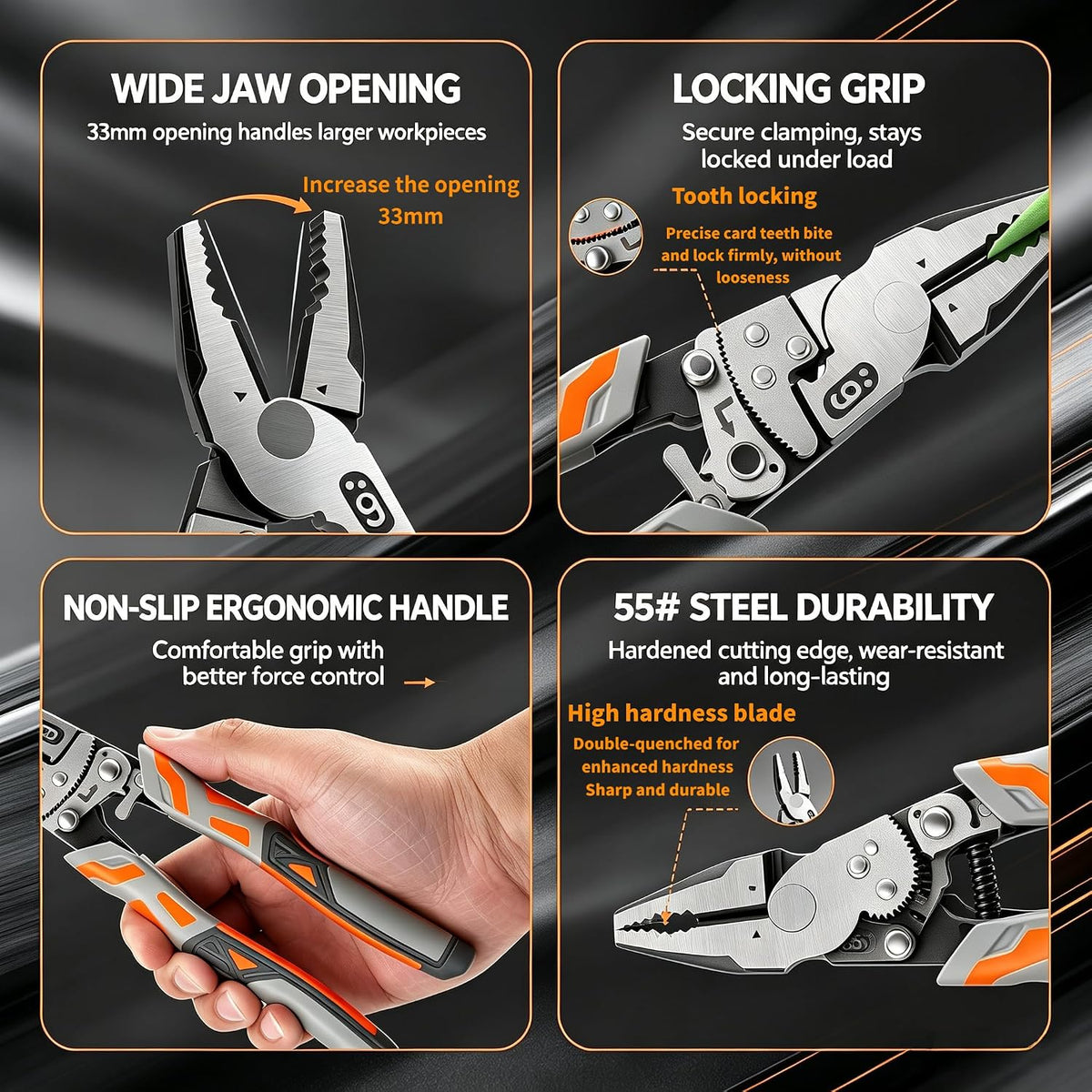 9″ Grip Pliers with Ratchet Self-Locking, 4-in-1 One Hand Tool