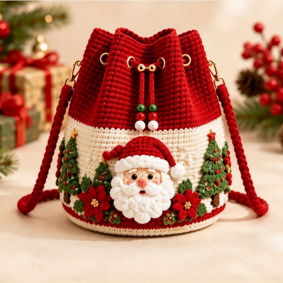 Christmas Crochet Bucket Crossbody Bag with Drawstring
