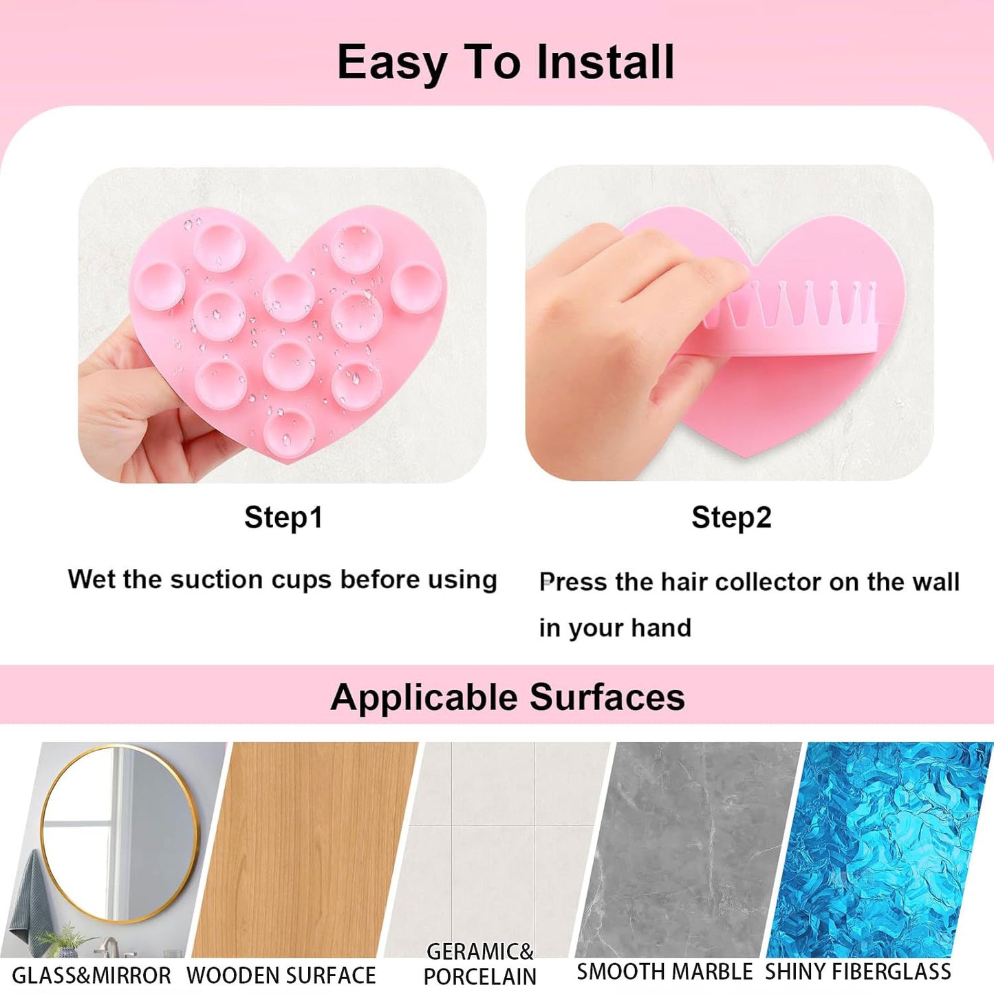 2PCS Reusable Silicone Heart Shape Wall-Mount Suction Shower Hair Collector
