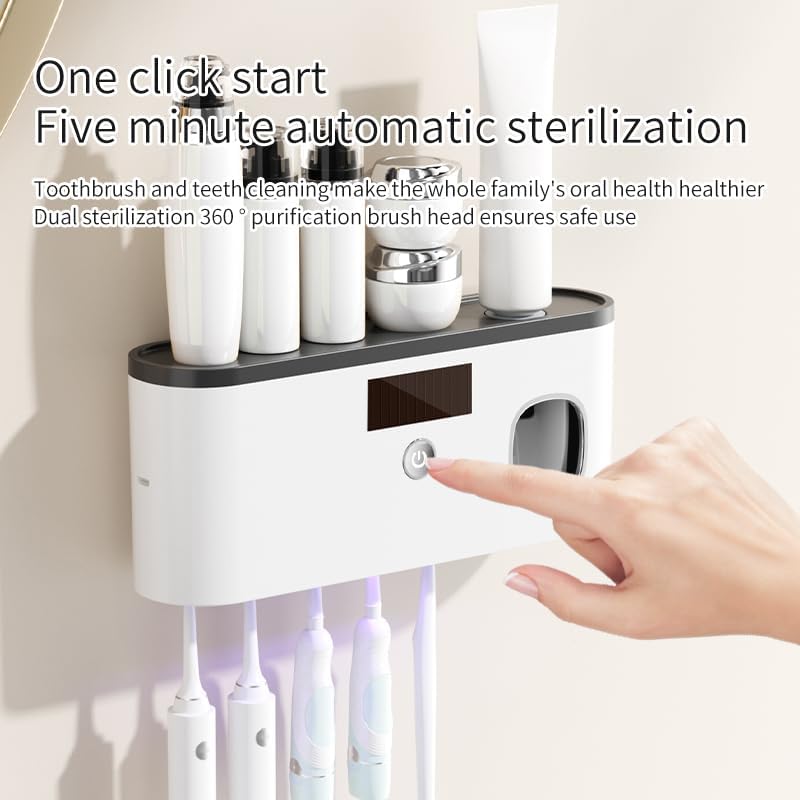 Toothbrush Holder Wall Mounted with Toothpaste Dispenser Bathroom Solar Charging and No Drilling Required Tooth Brush Holder with 5 Brush Slots