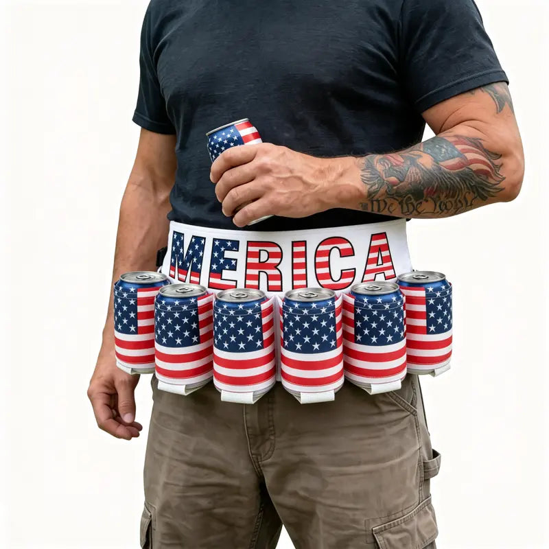 Patriotic USA Flag 6 Pack Can Holder Drink Belt, Classic Drinkware, Adjustable Holster for Men