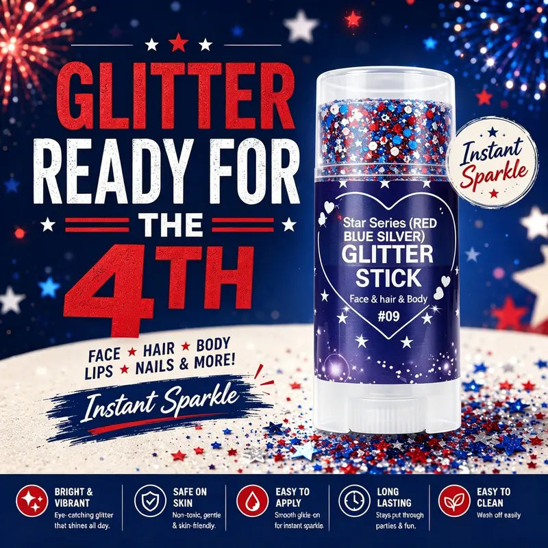 2PCS 4th of July Patriotic America Flag Star Face Body Glitter,Red White Blue Hair Glitter Stick