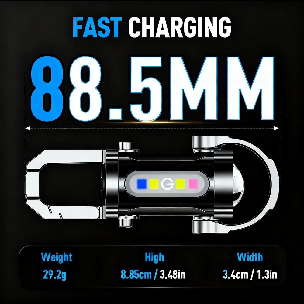 Mini Pocket Portable Rechargeable Keychain Flashlight with 7 Modes & COB Work Light, Splashproof Bright LED Light