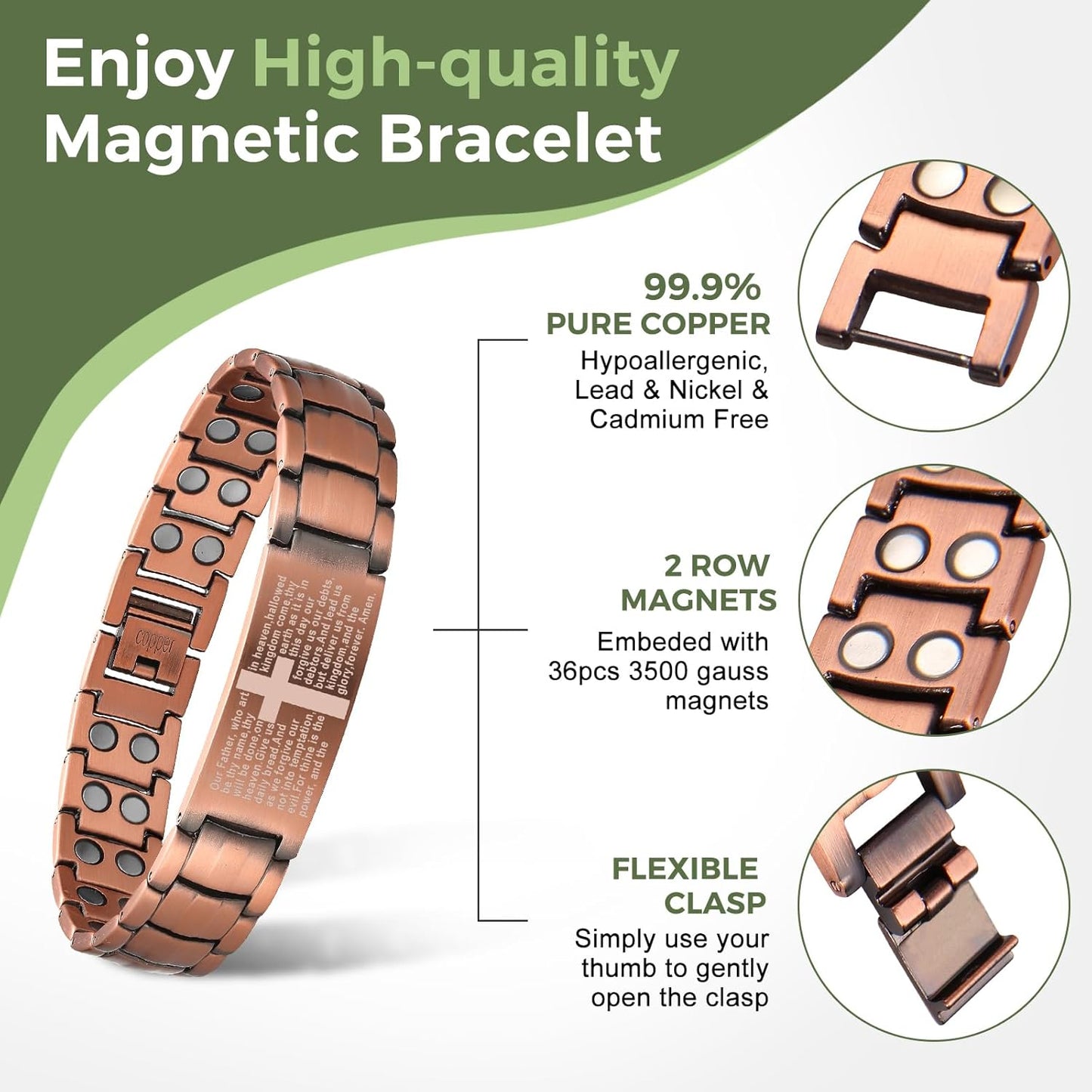 Copper Bracelet for Men, Cross Copper Magnetic Bracelet