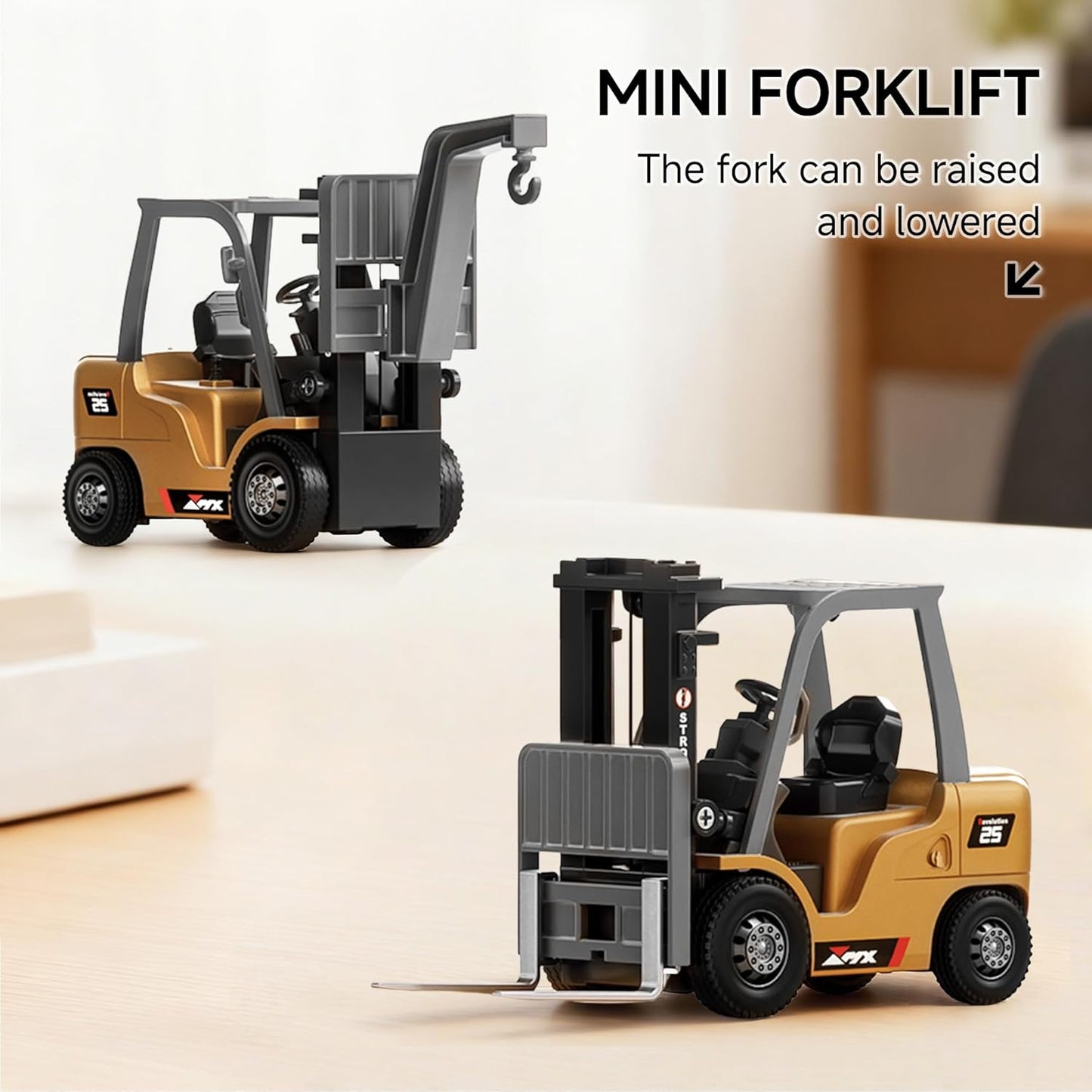 1/64 Full Proportional RC Forklift Toy - 8 Channel 2 Mode Mini Remote Control Forklift Truck with Flatbed Tow Truck, 2 in 1 Transformable Lift Fork & Hook with Rechargeable Battery for 4+ Kids