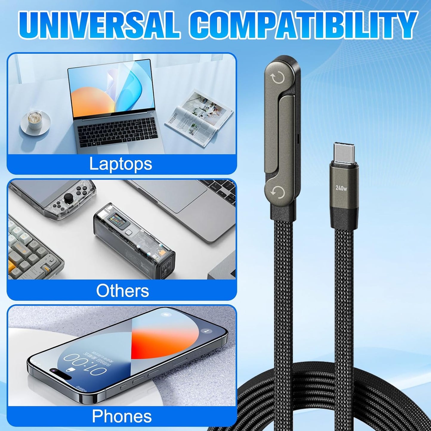 Sideways Phone Charger, 240W Fast Charging Cable, Invisible Stand Charging Cable