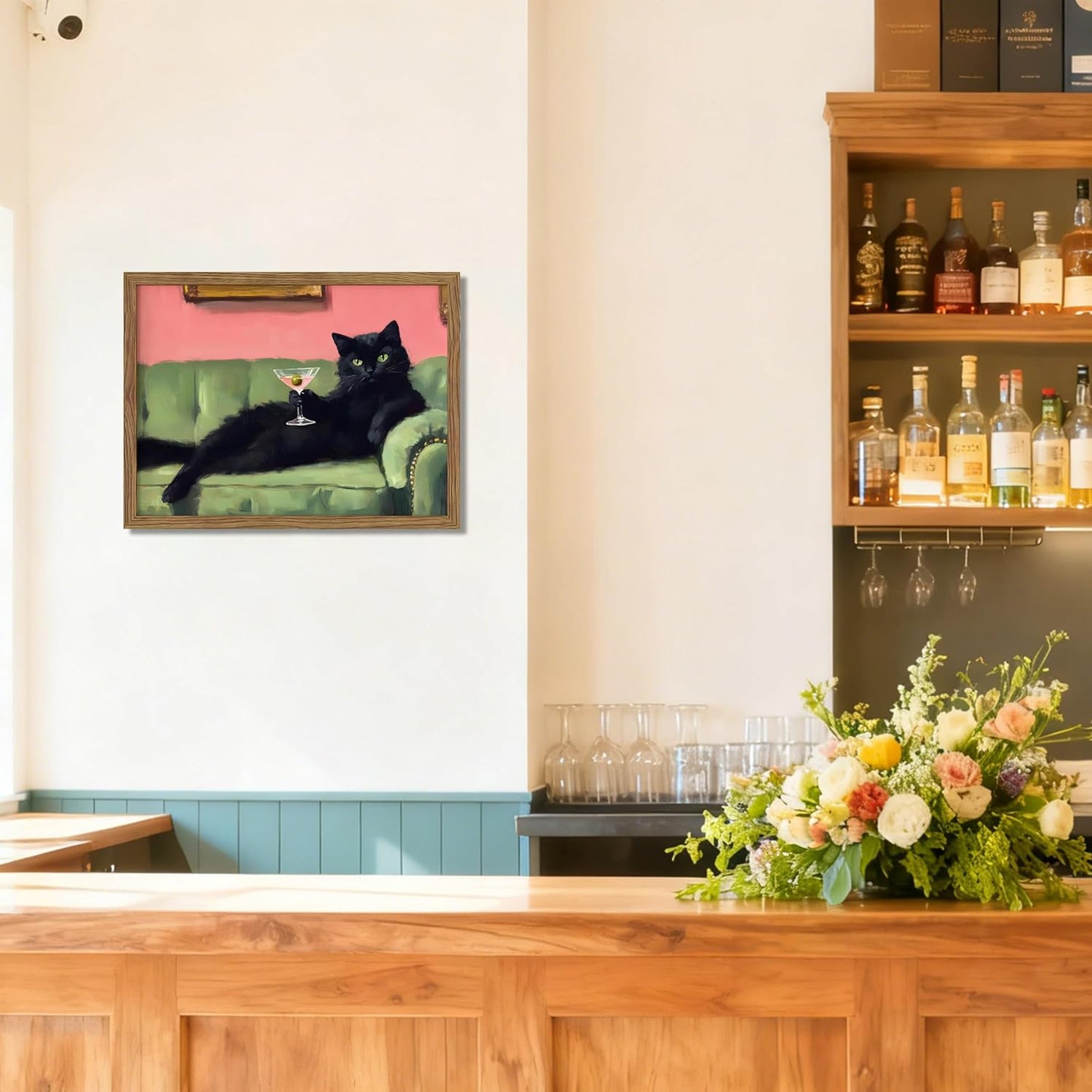 Funny Black Cat Martini Wall Art, Bar Cart Decor, Eclectic Cocktail Painting Canvas Print Frame Not Included