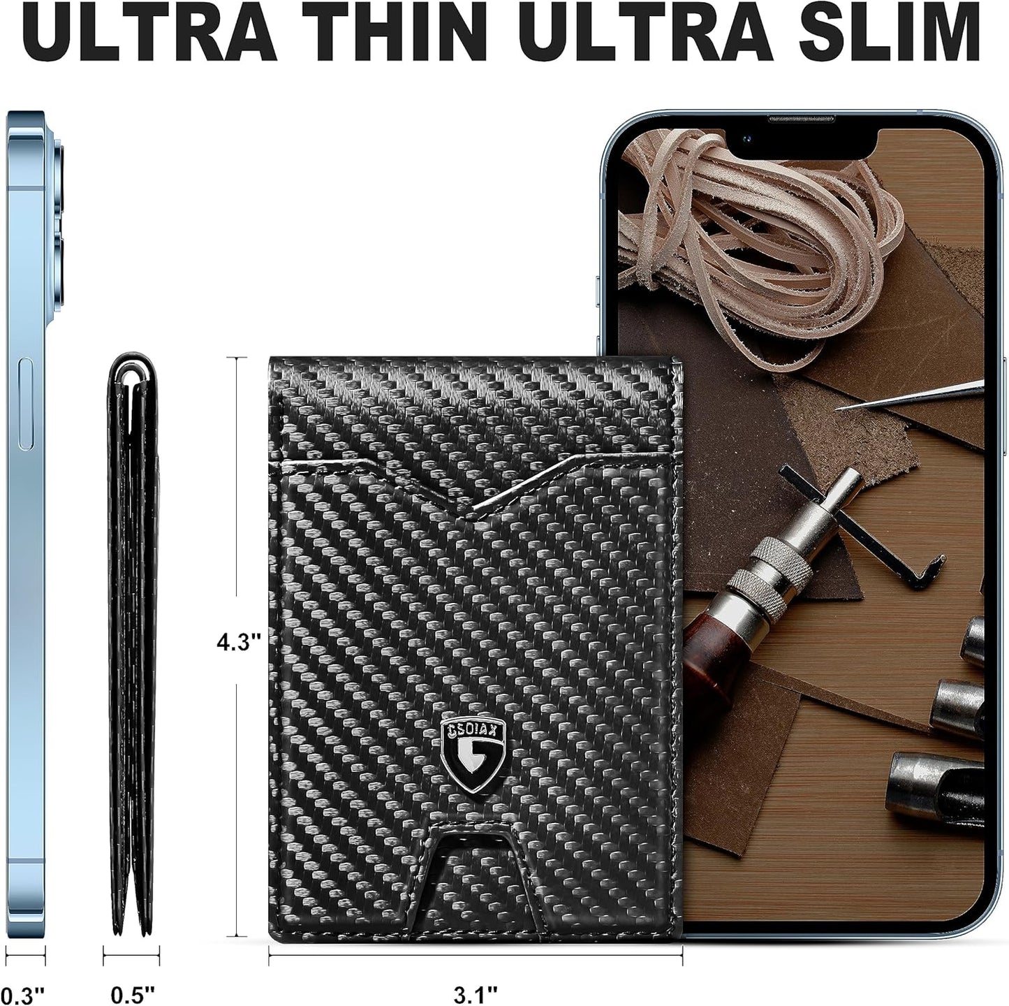 Slim Wallet for Men - Minimalist Genuine Leather Carbon Fiber Rfid Blocking Bifold Credit Card Holder