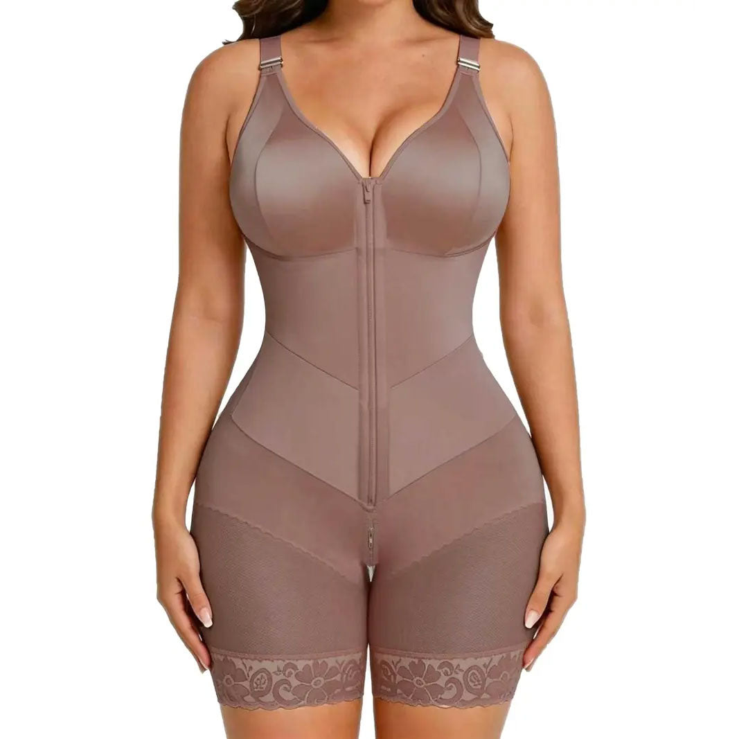 Women's Shapewear Romper with Built-In Bra, Adjustable Straps, Front Zipper
