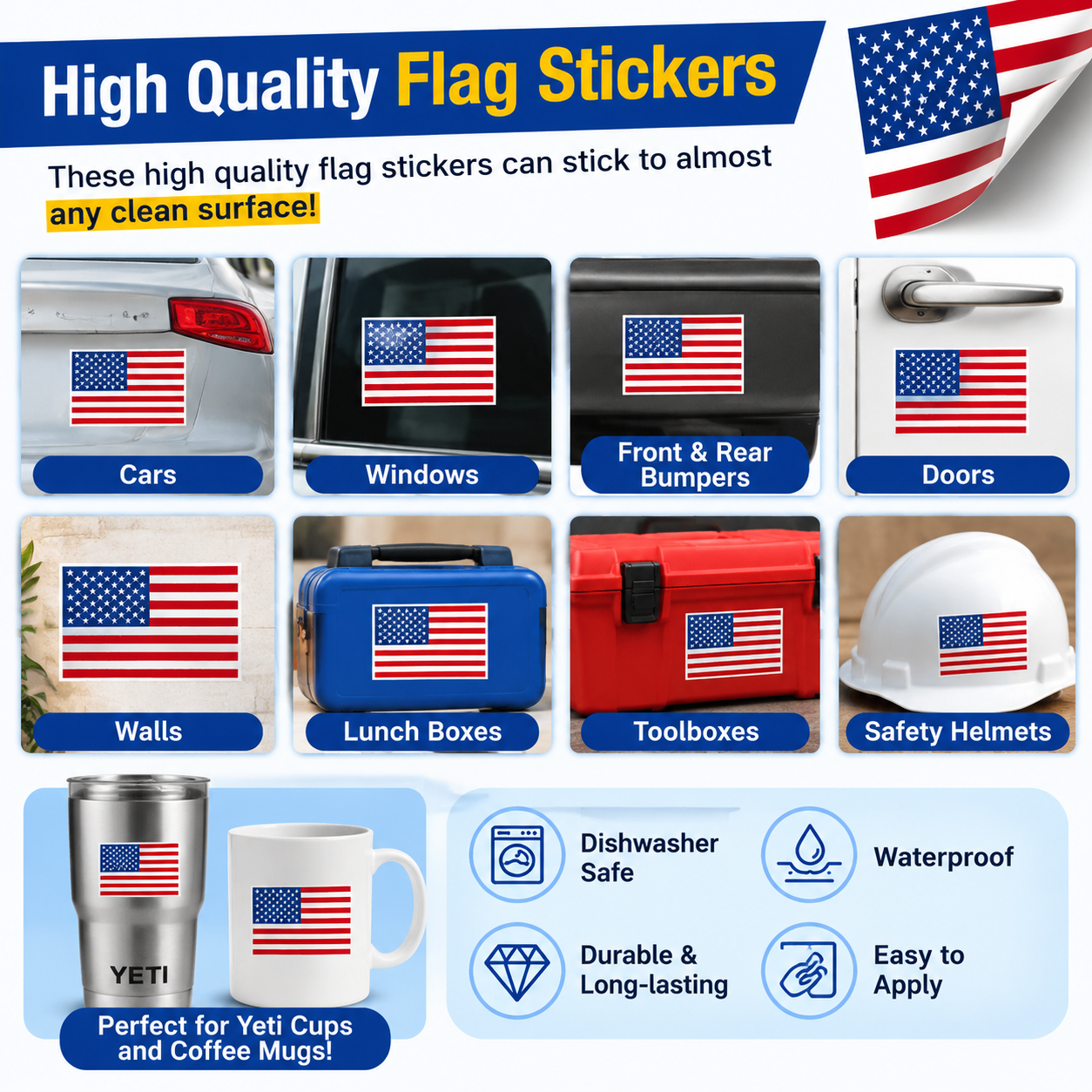 6PCS American Flag Stickers - Made of 3M Vinyl