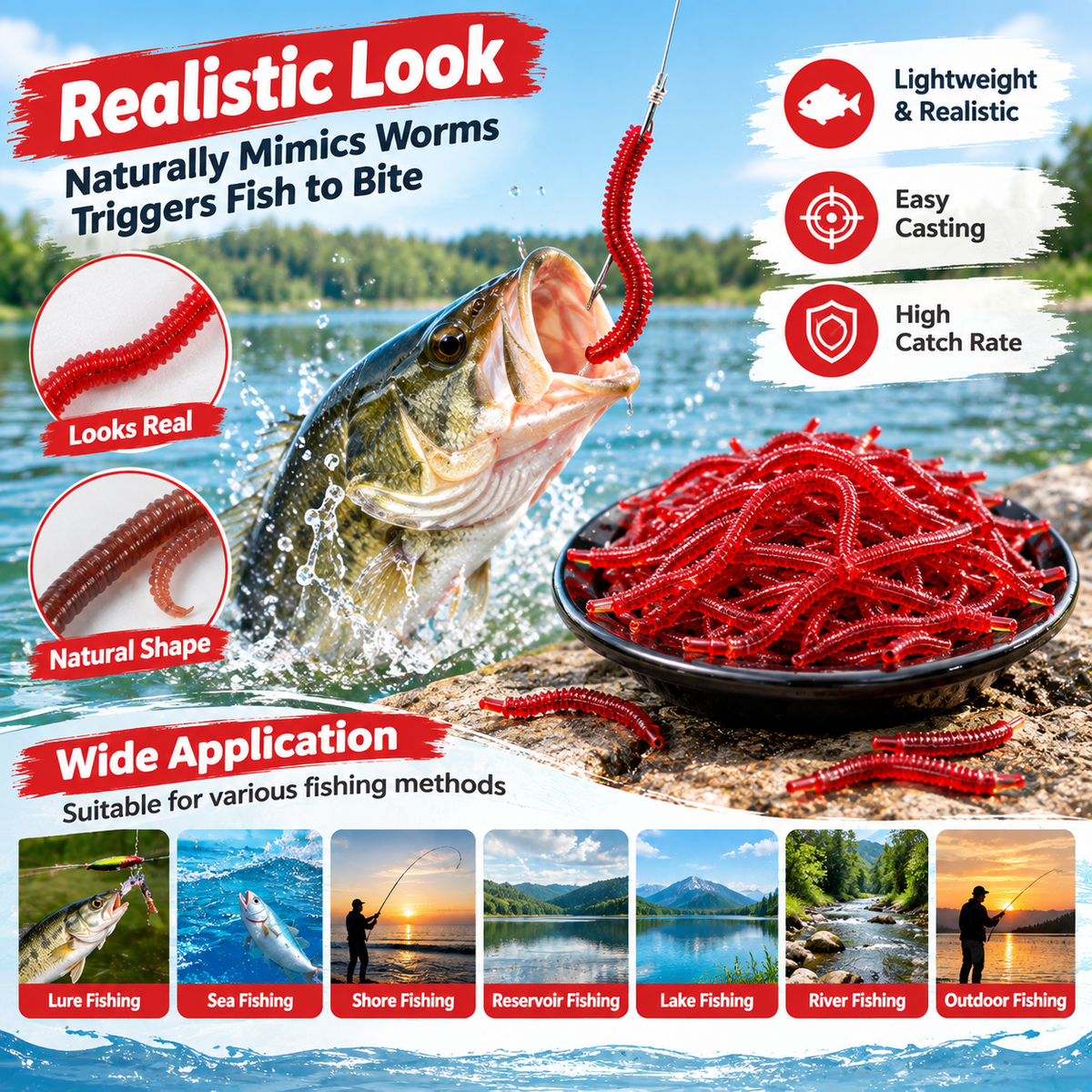 200PCS Soft plastic red earthworm lure