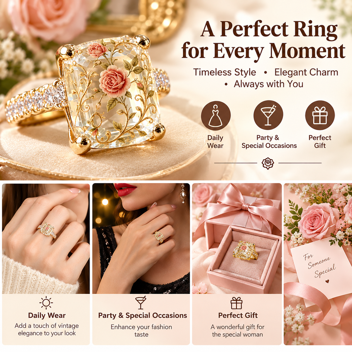 Vintage Rose Floral Printed Square Crystal Statement Ring