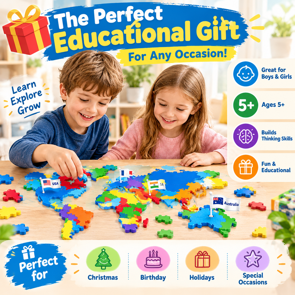 USA & World Map Puzzle with Flags, Capitals, Stickers