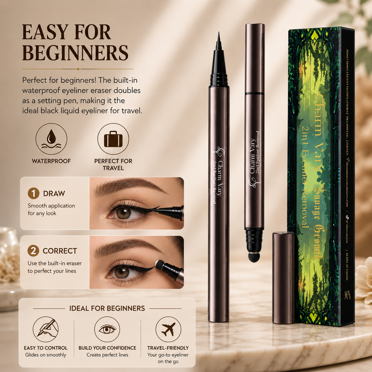 2-Pack 2-in-1 Waterproof Liquid Eyeliner Pencil with Correction Pen