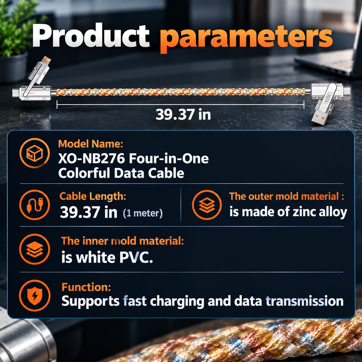 100W 4-in-1 Multicolour Luminous Durable LED Fast Charging Cable