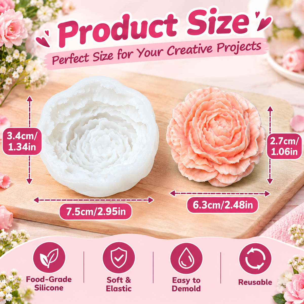 2PCS 3D Realistic Peony Flower Silicone Mold