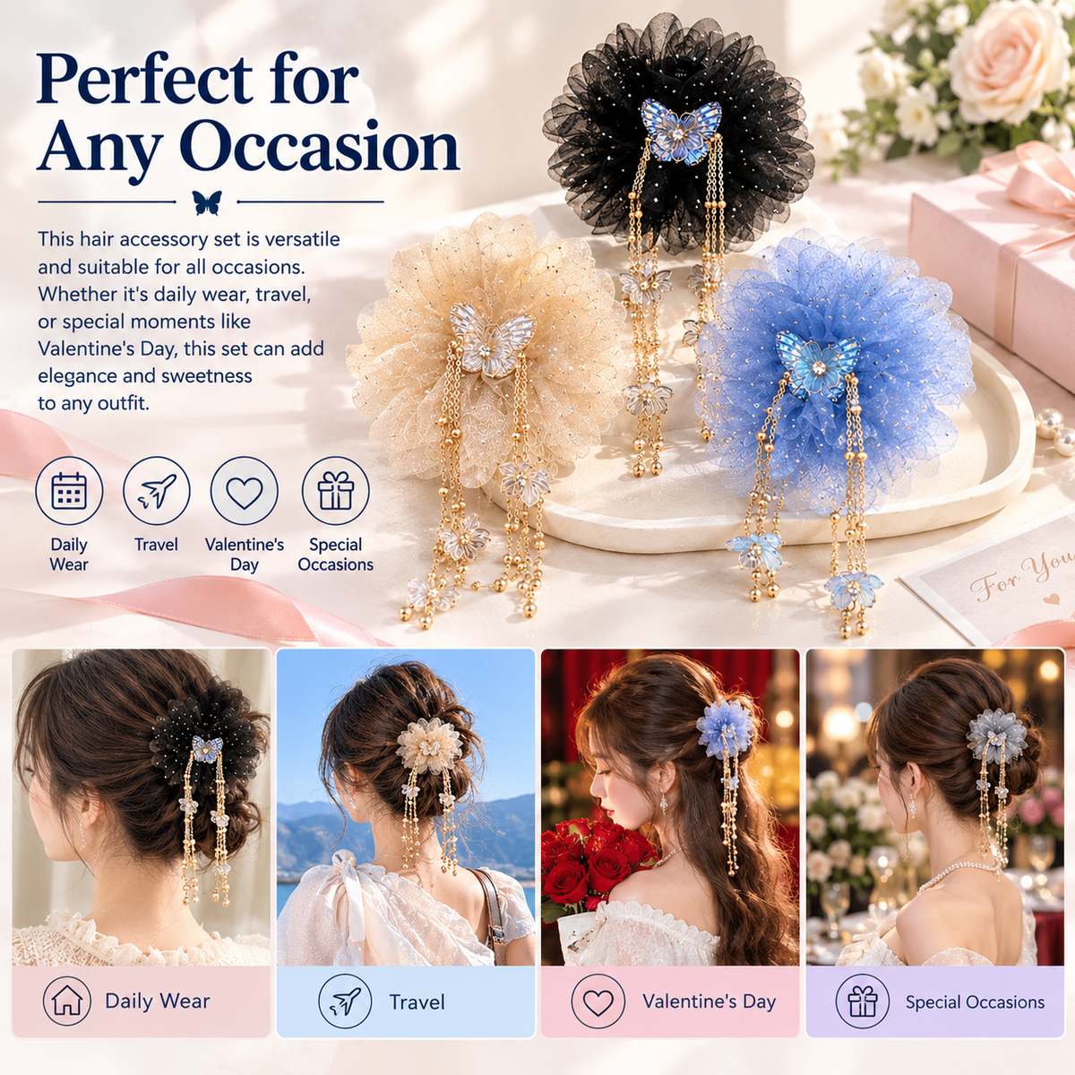 3-Piece Butterfly Tassel & Tulle Peony Hair Clip Set