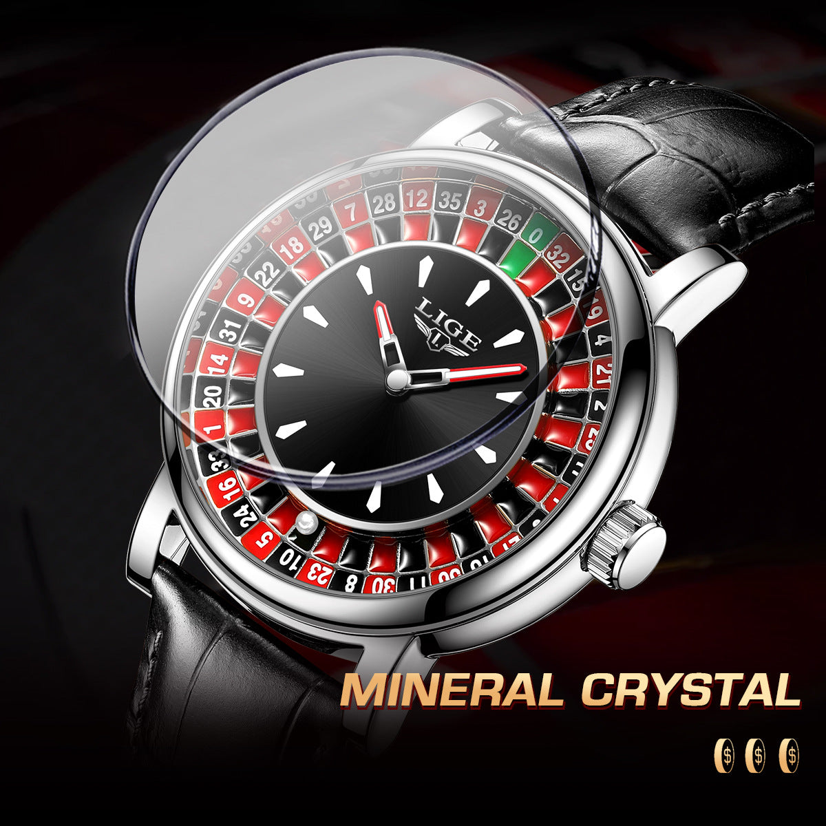 Unique Luxury Quartz Analog Roulette Leather Watch for Men