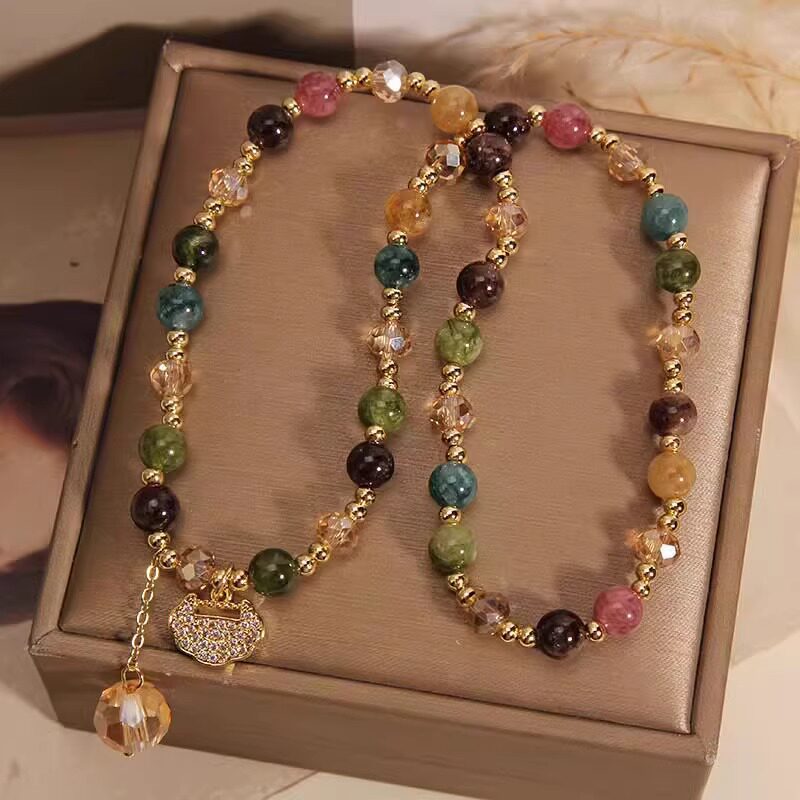 High-End Double Layer Rainbow Tourmaline Beads money Bracelet – Longevity Lock Charm