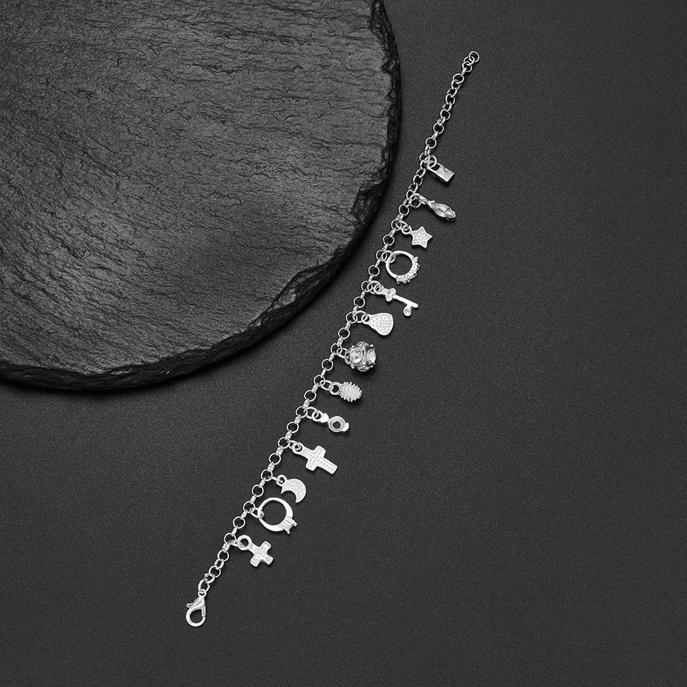 Women Adjustable Thirteen Hanging Pieces Bracelet Charm Heart Moon Star Key Lock Cross Pendant Bangle