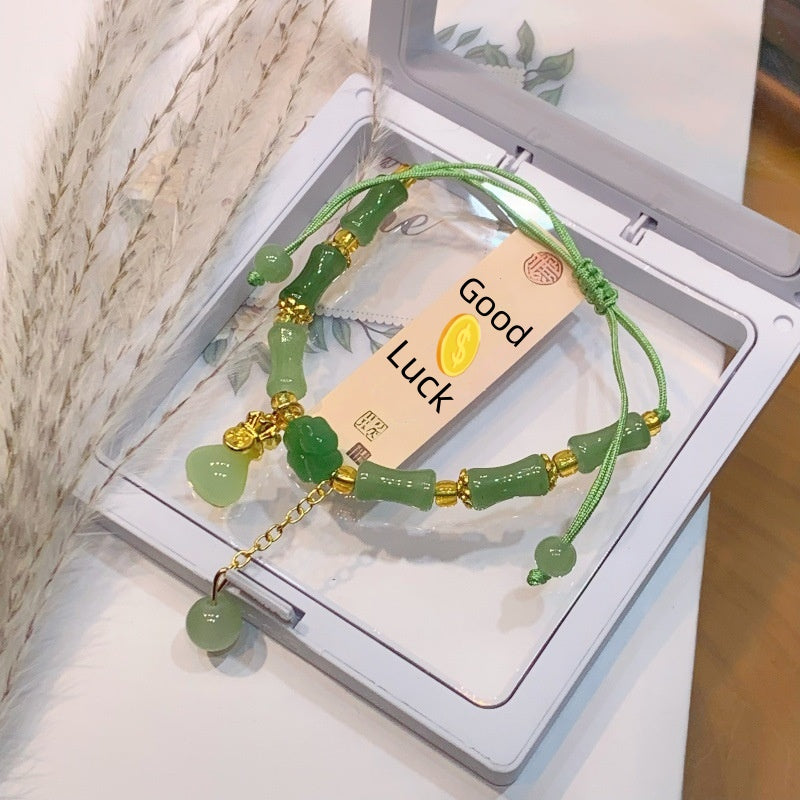 Bamboo Bracelet Jade Stones Lucky Money Bag Pendant Charm Stretch Beaded Bracelets