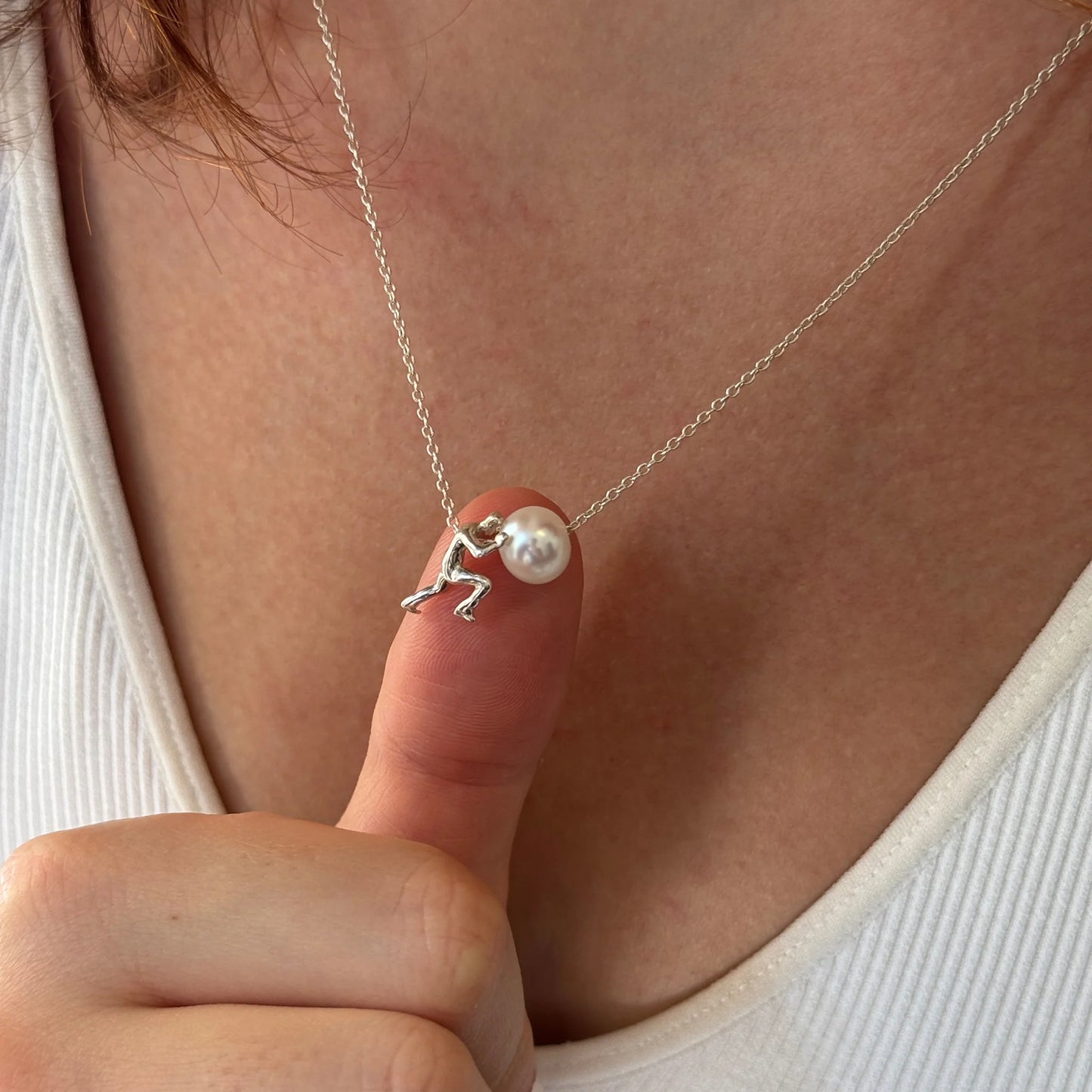 Sisyphus Tiny Figure Pushing Pearl Pendant: Quirky Symbolic Sweater Necklace