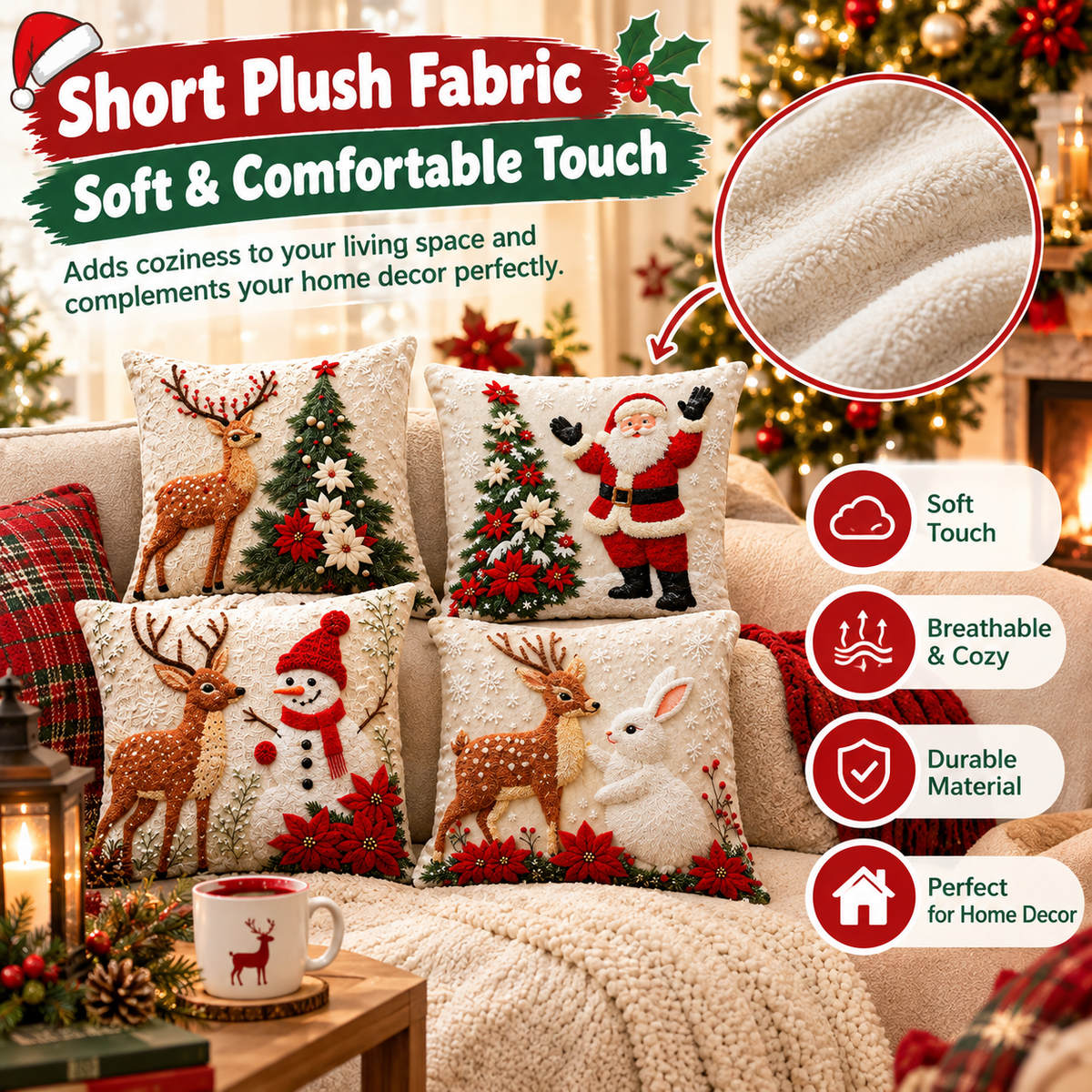 4PCS Unisex Super Soft Square Short Plush Christmas Throw Pillow Set