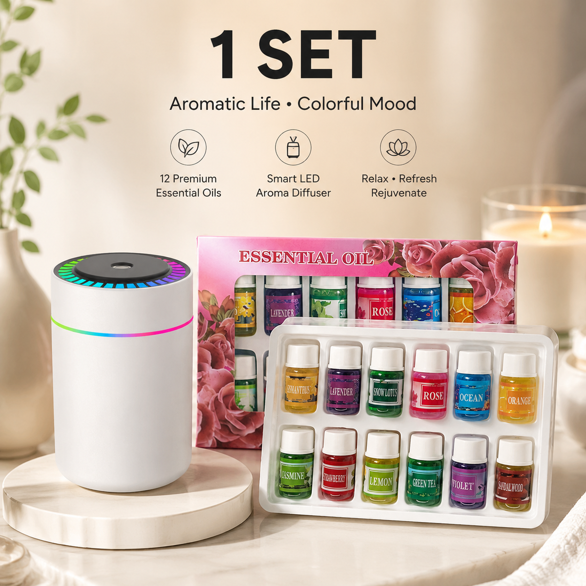 Portable Color-Changing LED Humidifier with 12-Piece Essential Oil Set