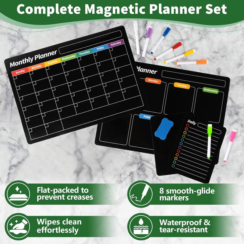 Magnetic Calendar for Refrigerator - Black Weekly Mouthly Planner Whiteboard for Fridge