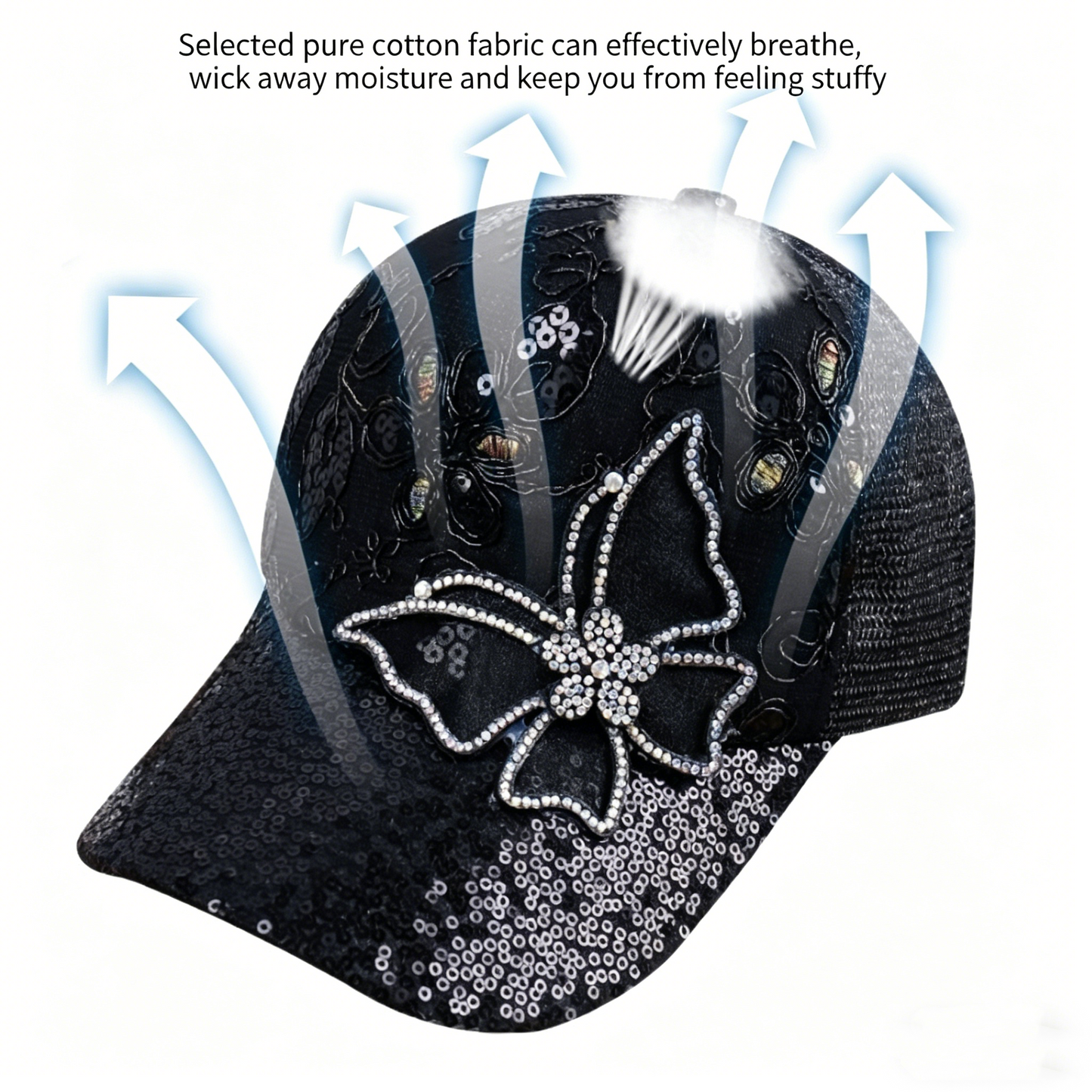 Sequined Rhinestone Baseball Cap Outdoor Summer Shade Ladies Big Butterfly Cap