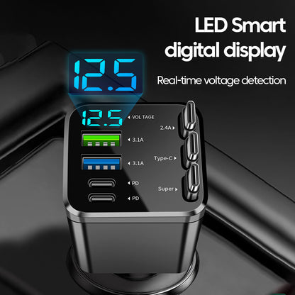 7-in-1 Retractable Car Charger with Digital Display, 4-Port & Triple Built-in Cables