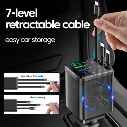7-in-1 Retractable Car Charger with Digital Display, 4-Port & Triple Built-in Cables
