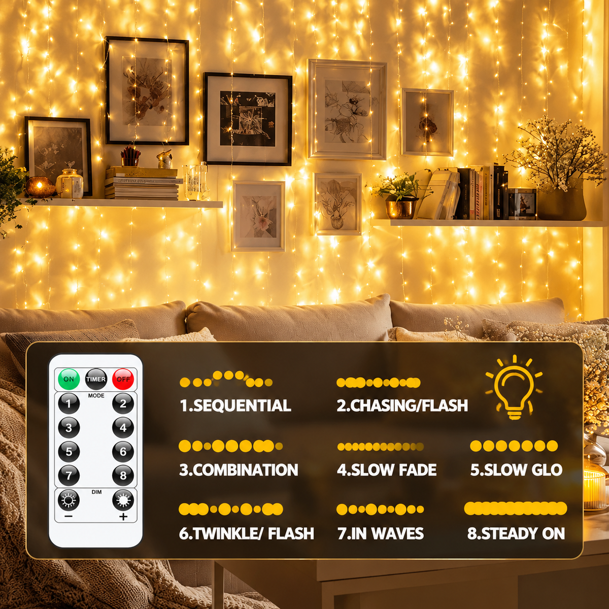 300LED USB-Powered Curtain Fairy Lights with Remote Control