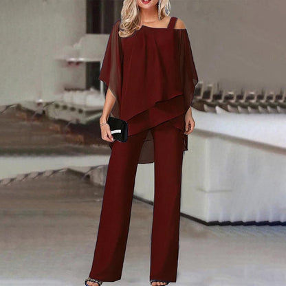 Elegant layered chiffon top and wide-leg trousers set